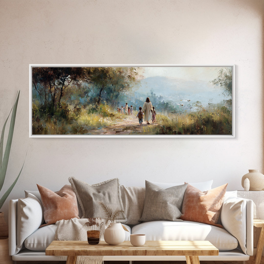 Garden Walk Hope | Framed Canvas Print | Panoramic Art | Christian Wall Art | Jesus Art Print | Christian Decor | Christian Gift Ideas