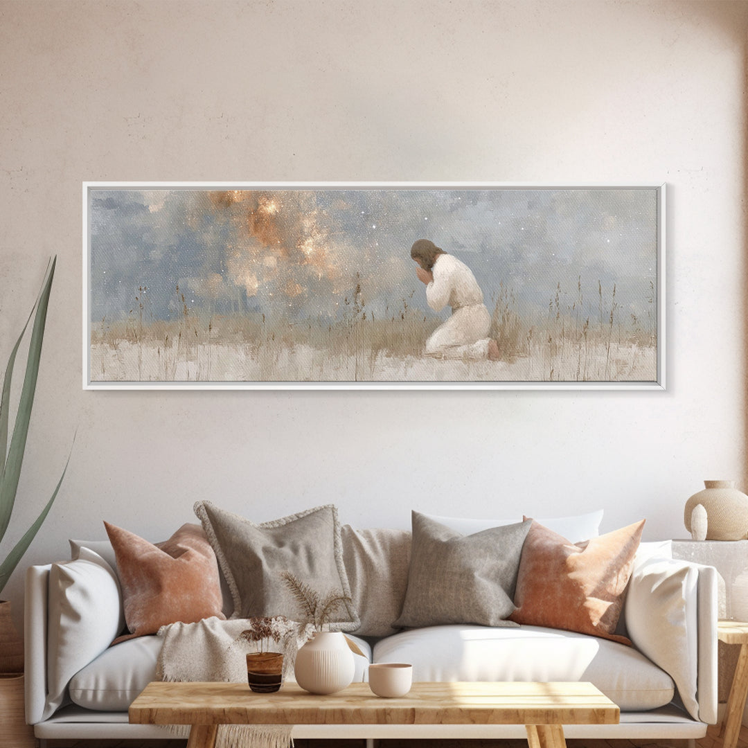 Silent Petition, Framed Canvas Print, Panoramic Wall Art, Christian Art Canvas, Jesus Painting, Christian Wall Art, Christian Christmas Art