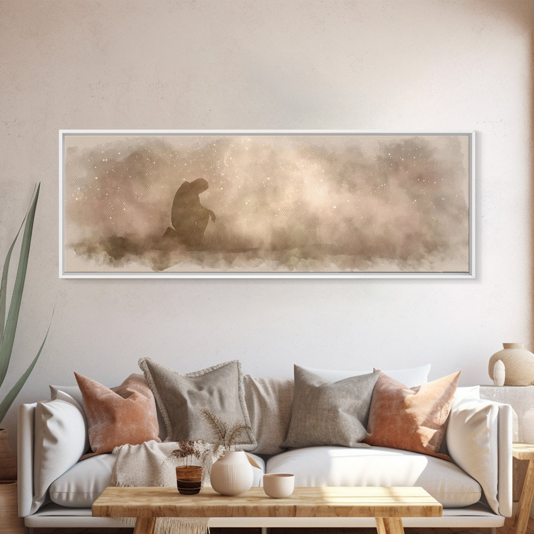 Kneeling Light | Framed Canvas Print | Panoramic Frame | Christian Art Canvas | Jesus Painting | Christian Wall Art | Christian Christmas A