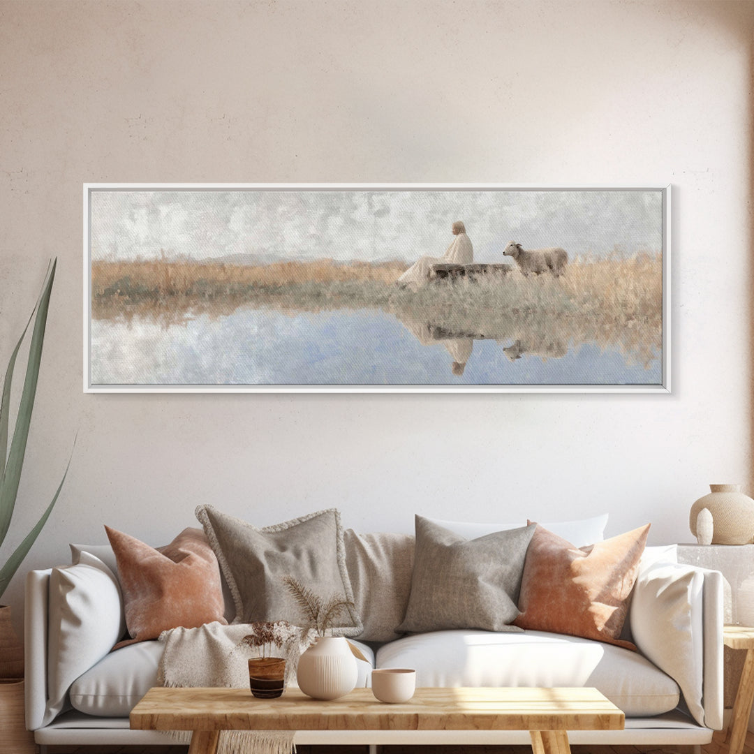 Quiet Shepherd Light - Framed Canvas Print - Panoramic Art - Christian Wall Art - Jesus Painting - Christian Art Canvas - Christmas Art