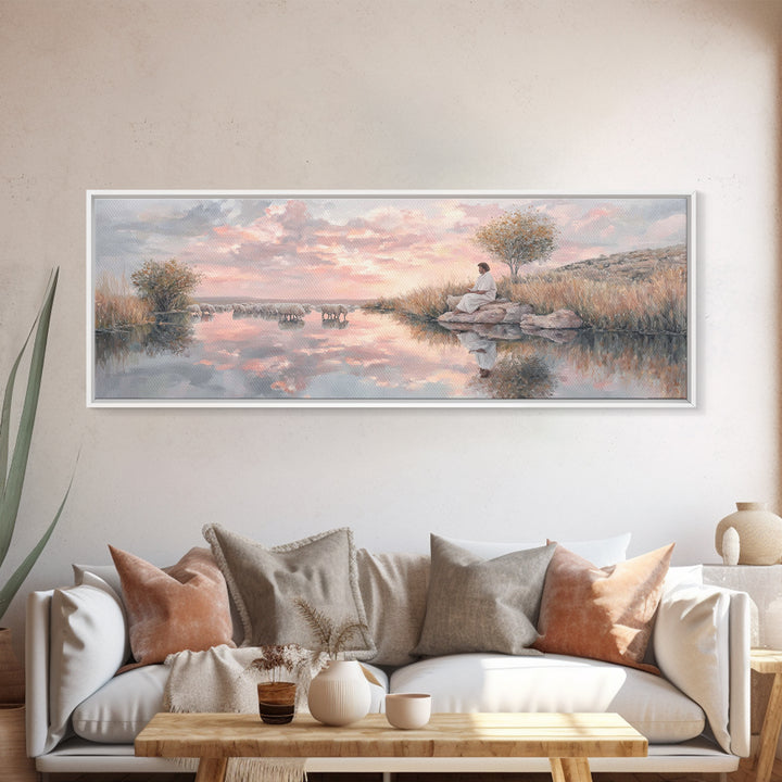 Shepherd’s Quiet Path, Framed Canvas Print, Panoramic Frame, Christian Art Canvas, Large Christian Painting, Jesus Painting, Christmas Wall