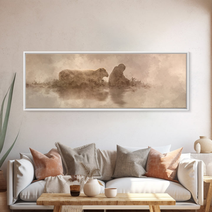 Calm Pasture Hope | Framed Canvas Print | Panoramic Art | Christian Art Work | Subtle Christian Art | Jesus Christmas Art | Christian Decor