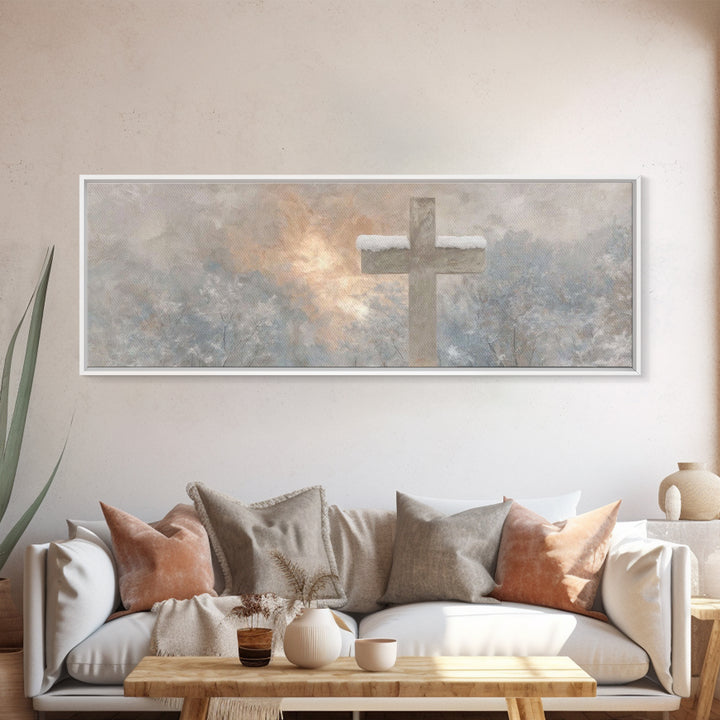 Winter Cross Light - Framed Canvas Print - Christian Wall Art - Panoramic Art - Christian Art Canvas - Christmas Art - Jesus Painting