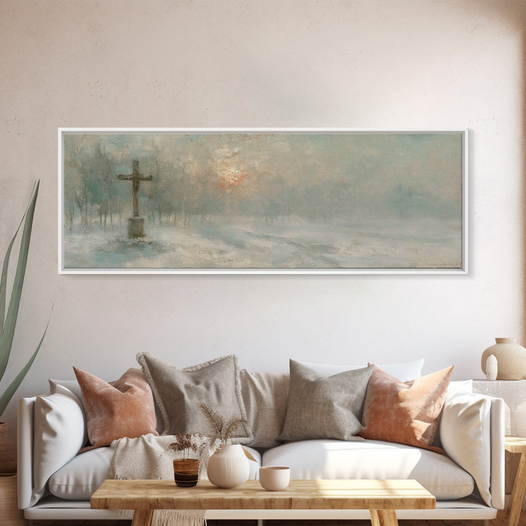 Silent Dawn Cross | Framed Canvas Print | Christian Art Canvas | Panoramic Painting | Christmas Wall Art | Modern Christian Art | Christian
