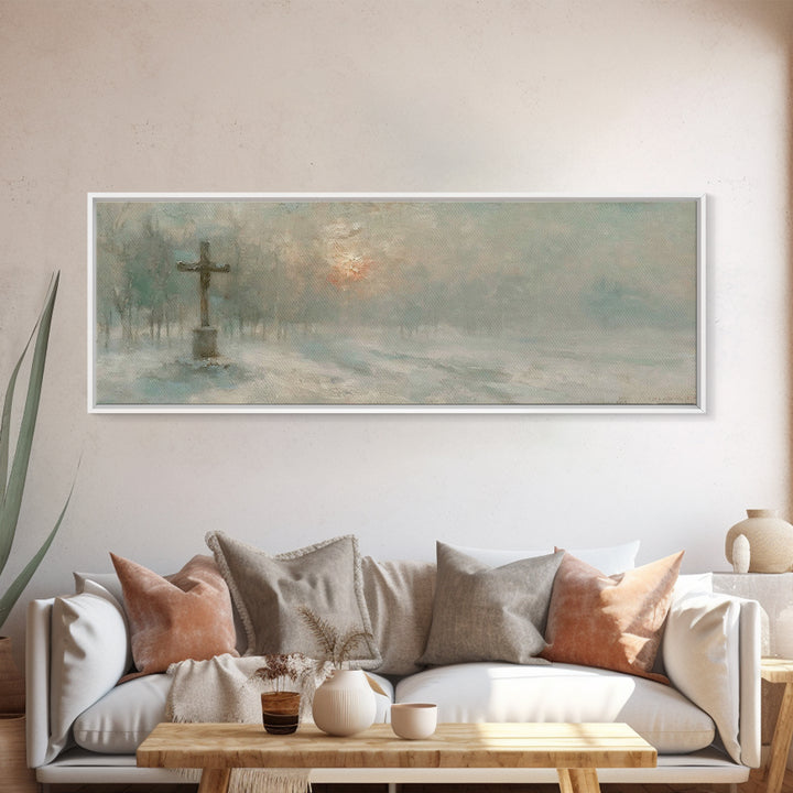 Silent Dawn Cross | Framed Canvas Print | Christian Art Canvas | Panoramic Painting | Christmas Wall Art | Modern Christian Art | Christian