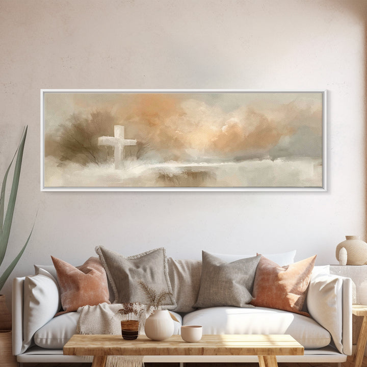 Morning Hope Cross, Framed Canvas Print, Christian Wall Art, Panoramic Print, Christian Painting, Christmas Art, Christian Art Canvas