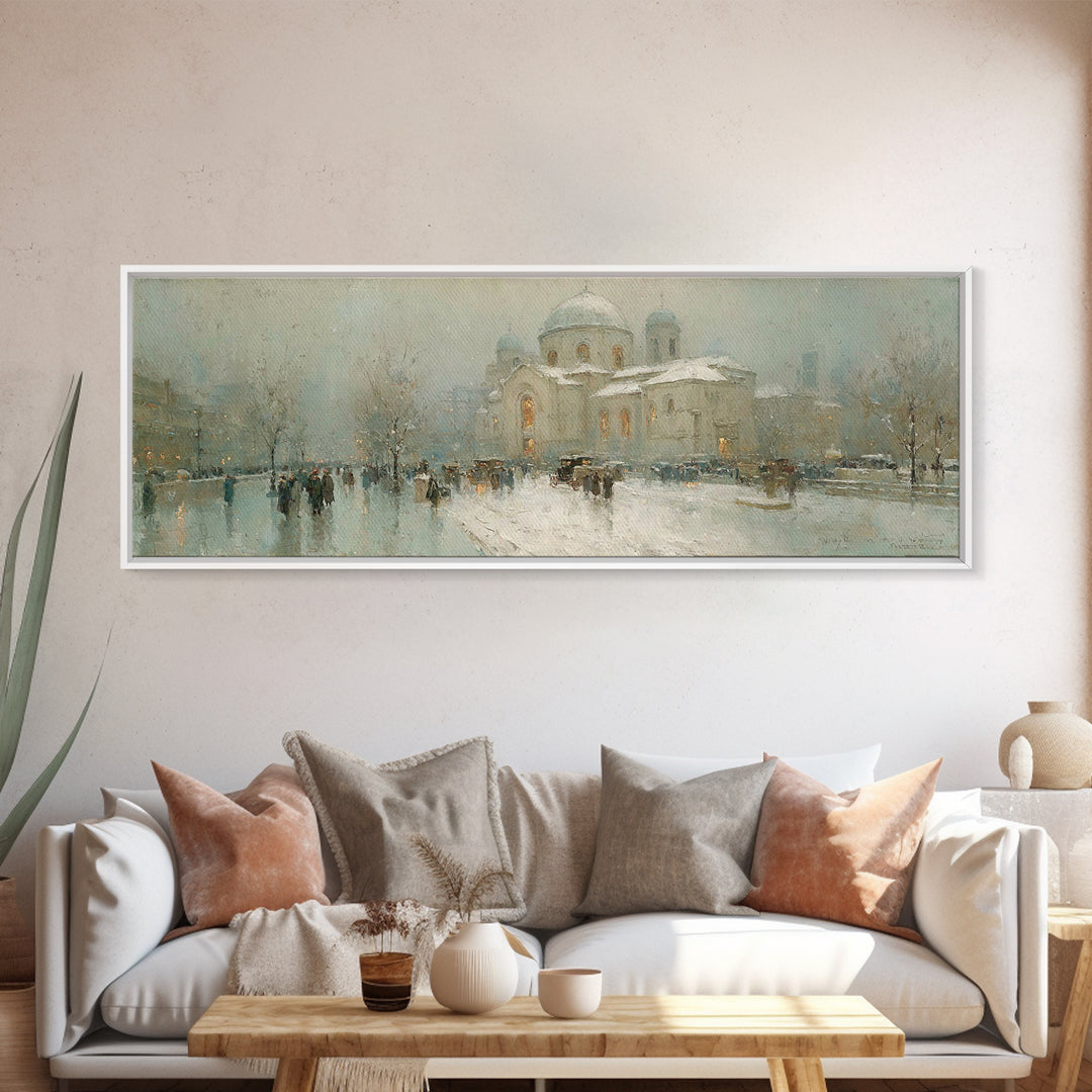Snowy City Faith, Framed Canvas Print, Christian Art Work, Panoramic Wall Art, Christmas Art Prints, Christian Decor For Home, Modern Chris