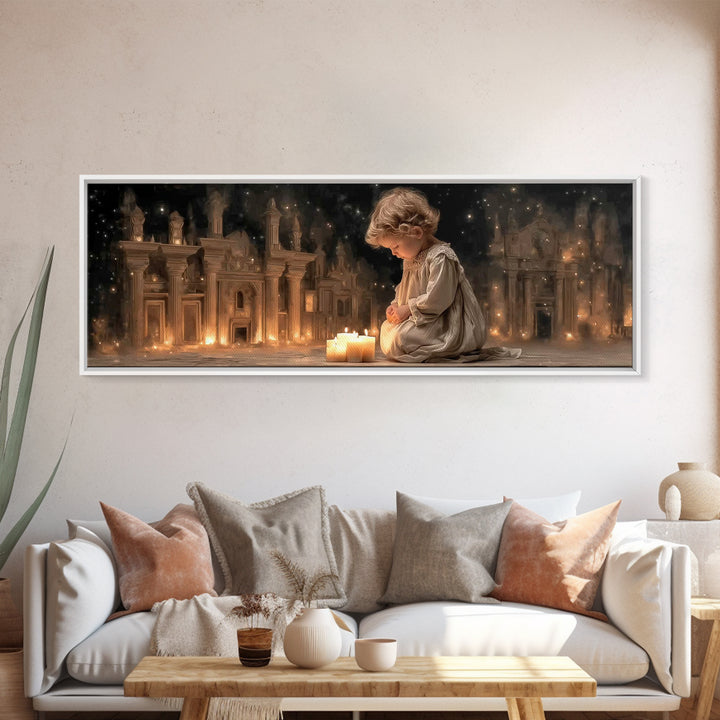 Childhood Devotion, Framed Canvas Print, Christian Art Canvas, Panoramic Wall Art, Christmas Art, Christian Art Gift, Modern Christian Art