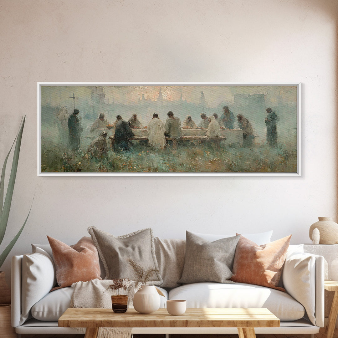 Upper Room Reverence, Framed Canvas Print, Christian Paintings, Large Christian Painting, Jesus Art Print, Panoramic Painting, Christian Ar