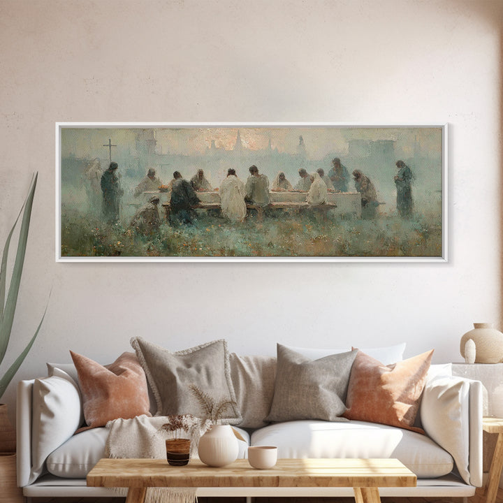 Upper Room Reverence, Framed Canvas Print, Christian Paintings, Large Christian Painting, Jesus Art Print, Panoramic Painting, Christian Ar