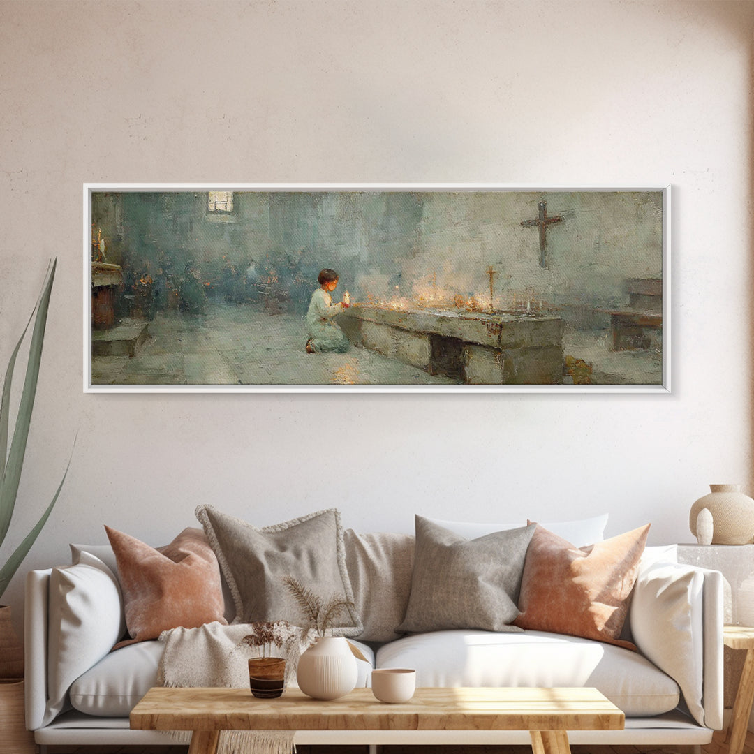 Sanctuary Candles | Framed Canvas Print | Christian Wall Art | Panoramic Painting | Christian Art Print | Christmas Art | Subtle Christian