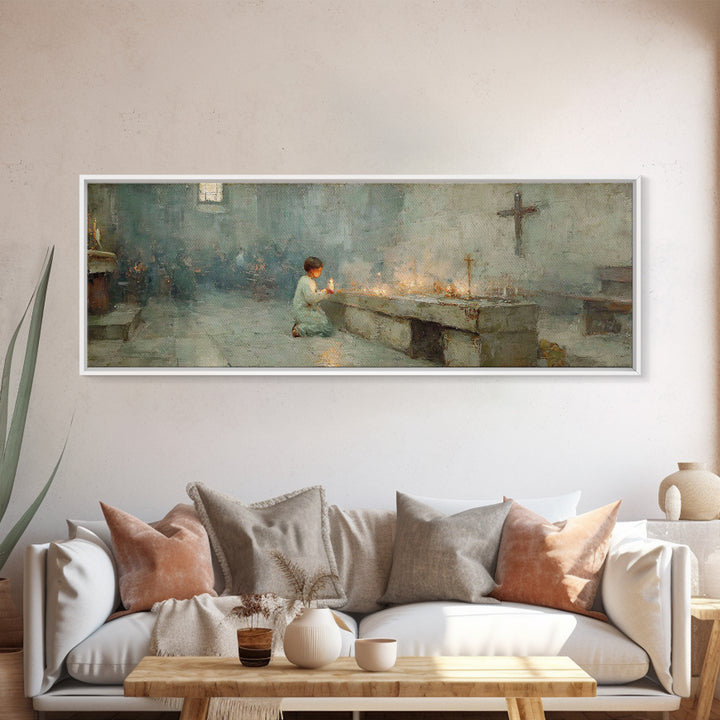Sanctuary Candles | Framed Canvas Print | Christian Wall Art | Panoramic Painting | Christian Art Print | Christmas Art | Subtle Christian