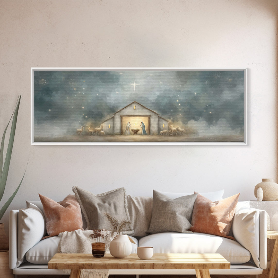 Starry Night Manger - Framed Canvas Print - Panoramic Print - Christian Christmas Art - Christian Art Canvas - Jesus Painting