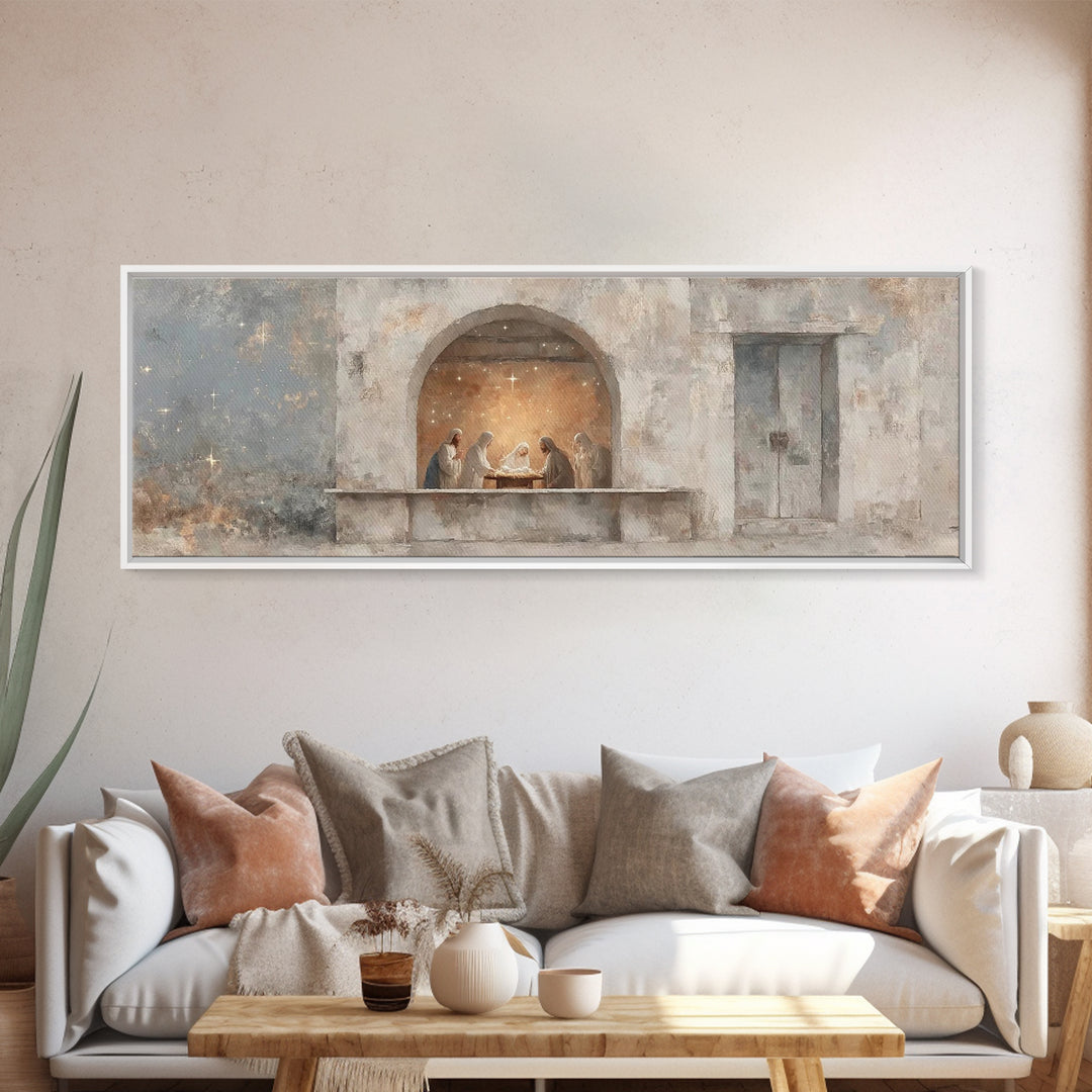 Sacred Arch Gathering, Framed Canvas Print, Panoramic Painting, Christian Art Canvas, Christian Wall Art, Christmas Art, Jesus Painting