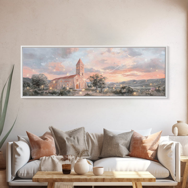 Evening Parish Glow | Framed Canvas Print | Panoramic Wall Art | Christian Art Canvas | Christian Christmas Art | Christian Wall Art | Chri