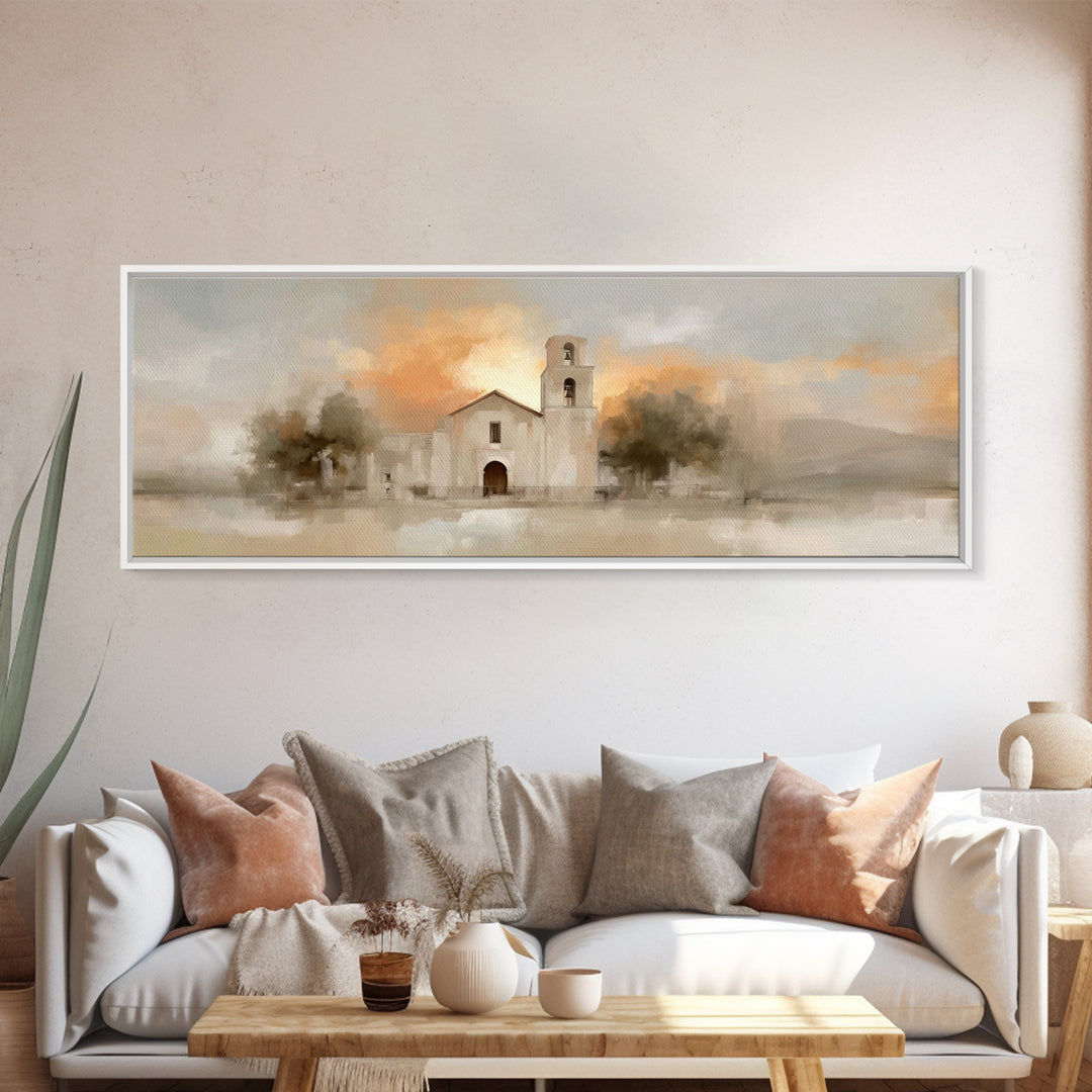 Mission At Sunset – Framed Canvas Print – Christian Art Canvas – Panoramic Painting – Christian Wall Art – Christmas Art – Jesus Painting