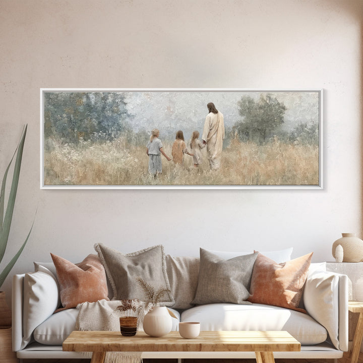 Gentle Meadow Walk – Framed Canvas Print – Christian Wall Art – Jesus Painting – Christian Art Canvas – Panoramic Art – Christian Christmas