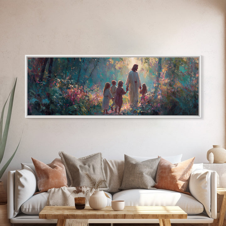 Light In The Garden | Framed Canvas Print | Christian Wall Art | Christian Art Canvas | Jesus Painting | Panoramic Painting | Christian Chr