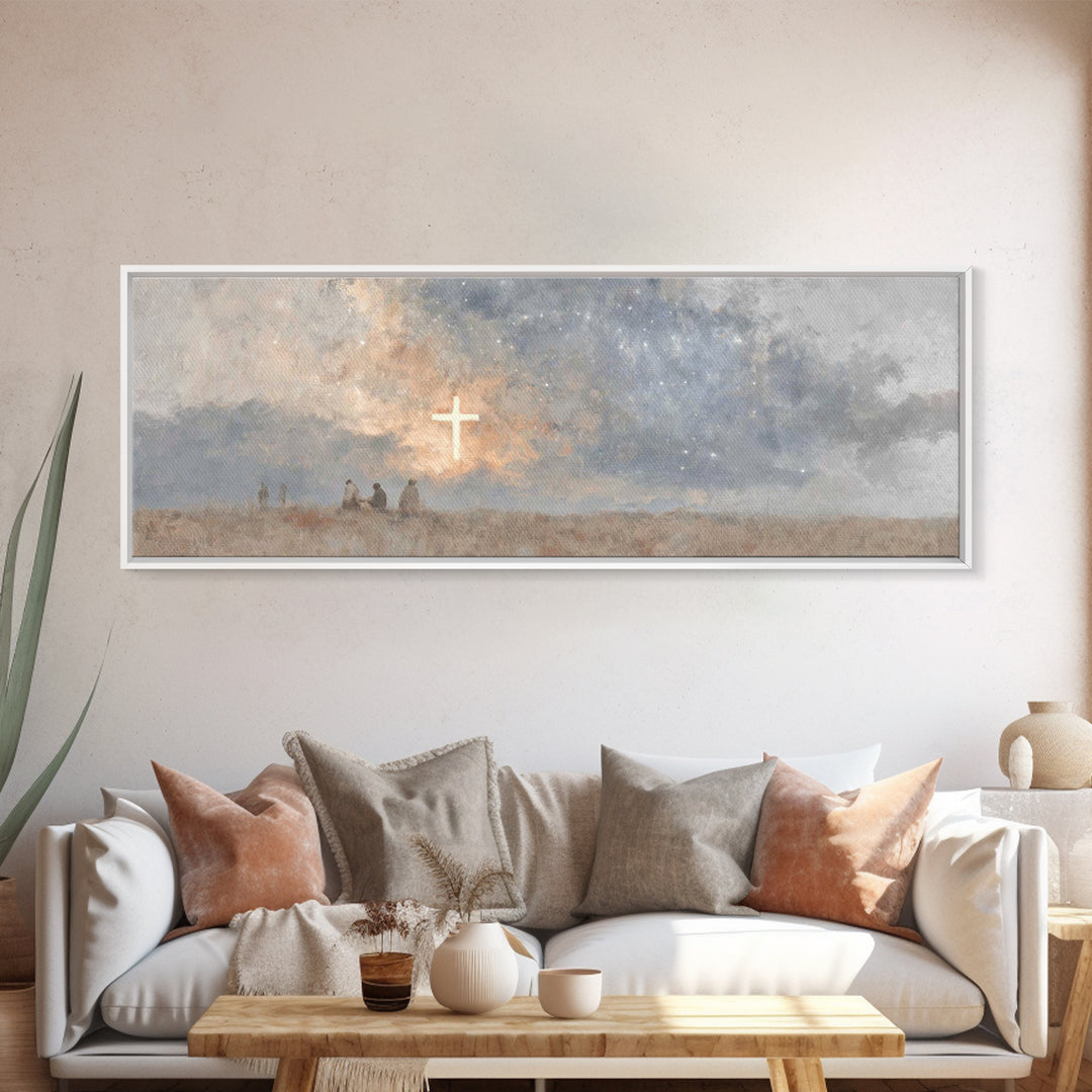 Cross Of Wonder, Framed Canvas Print, Christian Wall Art, Panoramic Frame, Christian Art Canvas, Christmas Art, Jesus Painting