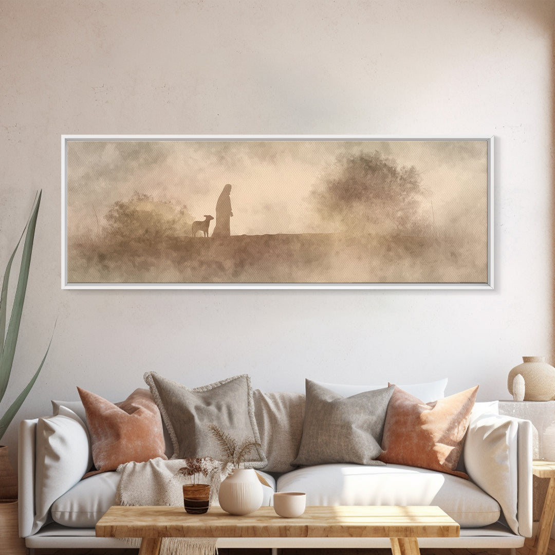 Shepherds In Light – Framed Canvas Print – Panoramic Wall Art – Christian Art Canvas – Christian Christmas Art – Jesus Painting – Christmas