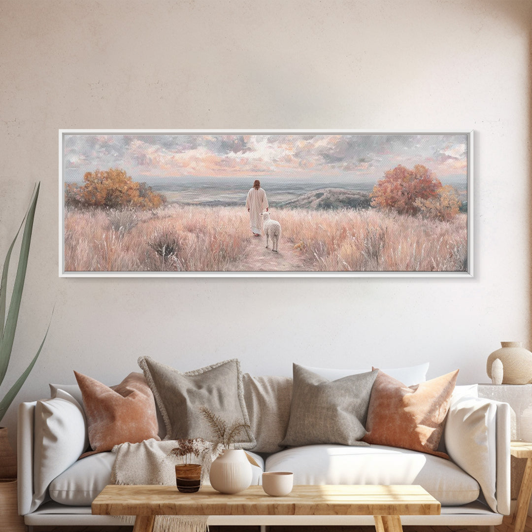 Shepherd’s Companion, Framed Canvas Print, Panoramic Painting, Christian Art Canvas, Christian Wall Art, Jesus Painting, Christian Decor