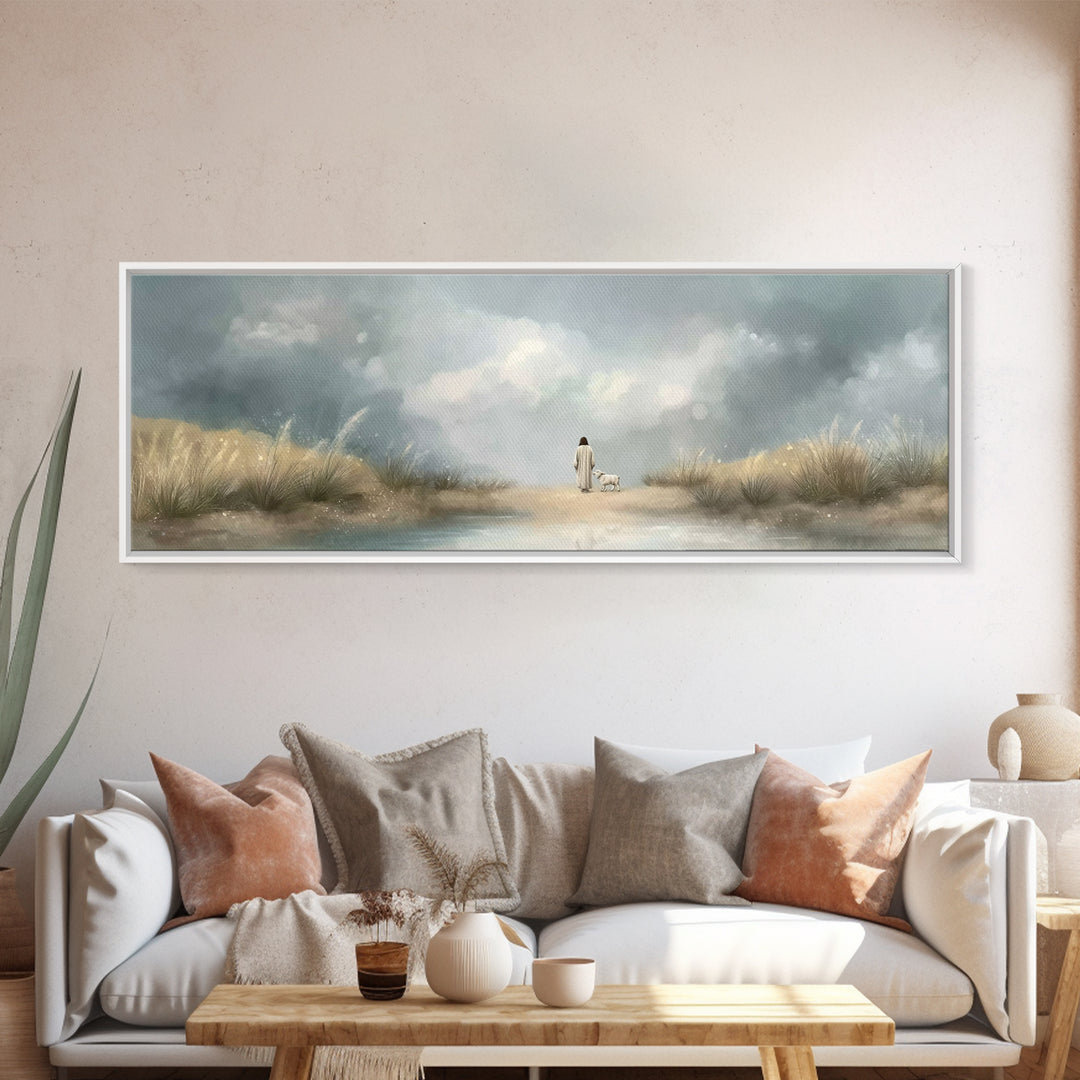 Gentle Shepherd Path – Framed Canvas Print – Christian Wall Art – Jesus Painting – Panoramic Art – Christian Art Canvas – Christian Christm