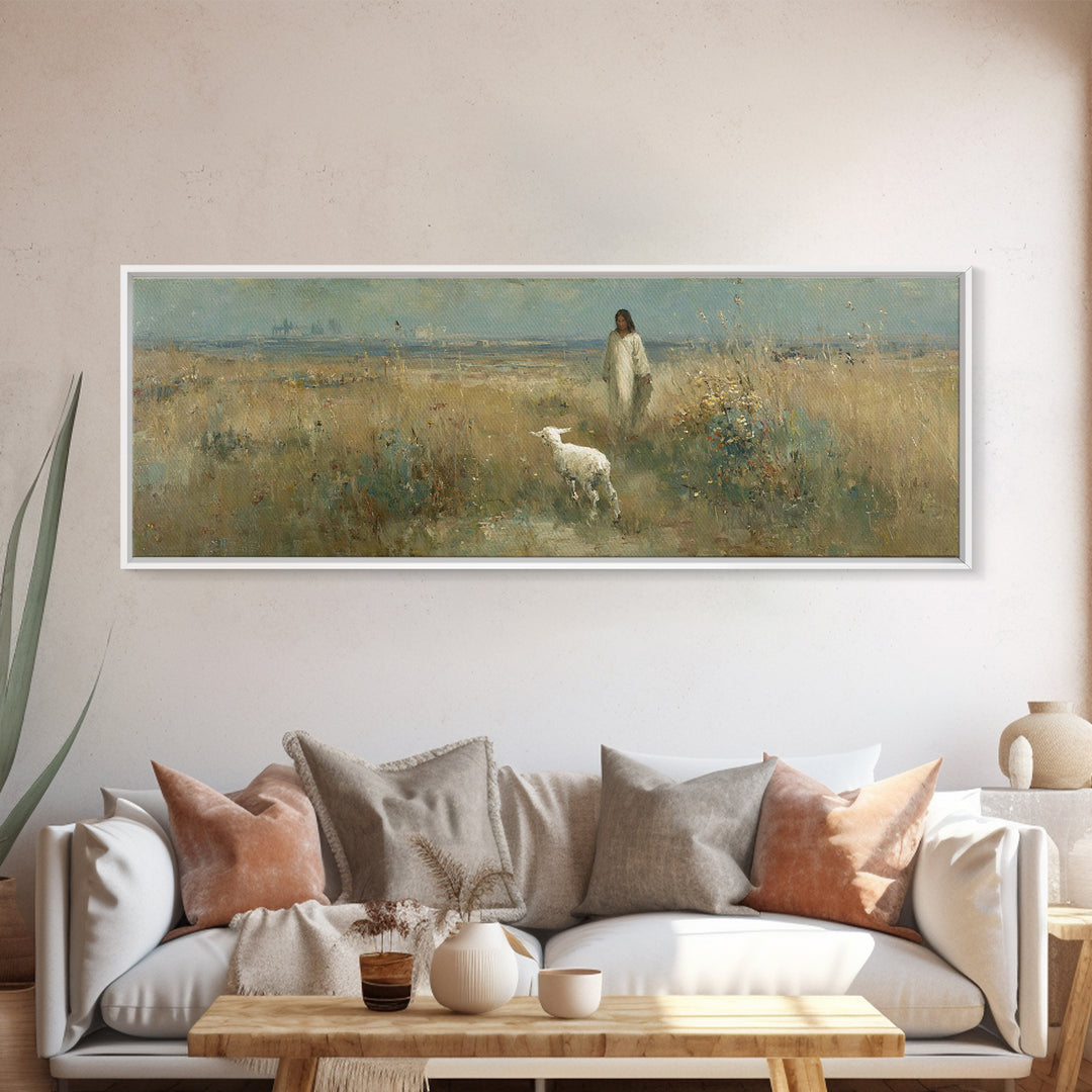 Quiet Meadow Grace, Framed Canvas Print, Christian Wall Art, Panoramic Print, Jesus Painting, Christian Christmas Art, Christian Art Canvas