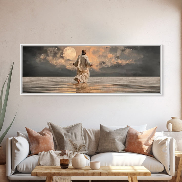 Moonlit Savior Calm – Framed Canvas Print – Panoramic Art – Christian Wall Art – Jesus Painting – Christian Art Canvas – Christmas Art