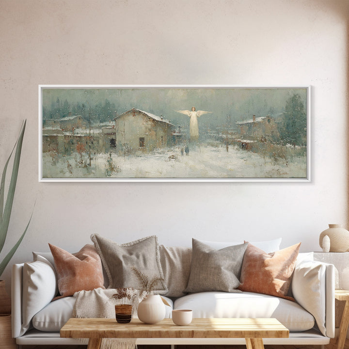 Winter Angel Blessing – Framed Canvas Print – Christian Wall Art – Panoramic Art – Christian Art Canvas – Christmas Art – Holiday Art