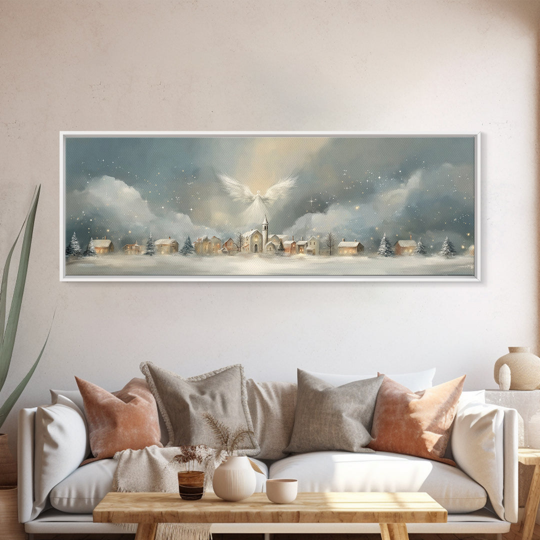 Heavenly Village Light, Framed Canvas Print, Christian Wall Art, Panoramic Painting, Christian Christmas Art, Christian Art Canvas, Holiday