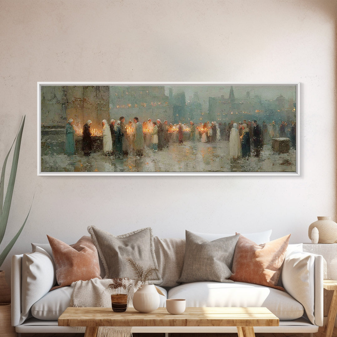 Candlelight Gathering Hope | Framed Canvas Print | Christian Wall Art | Panoramic Frame | Christian Art Canvas | Christmas Art | Faith Art