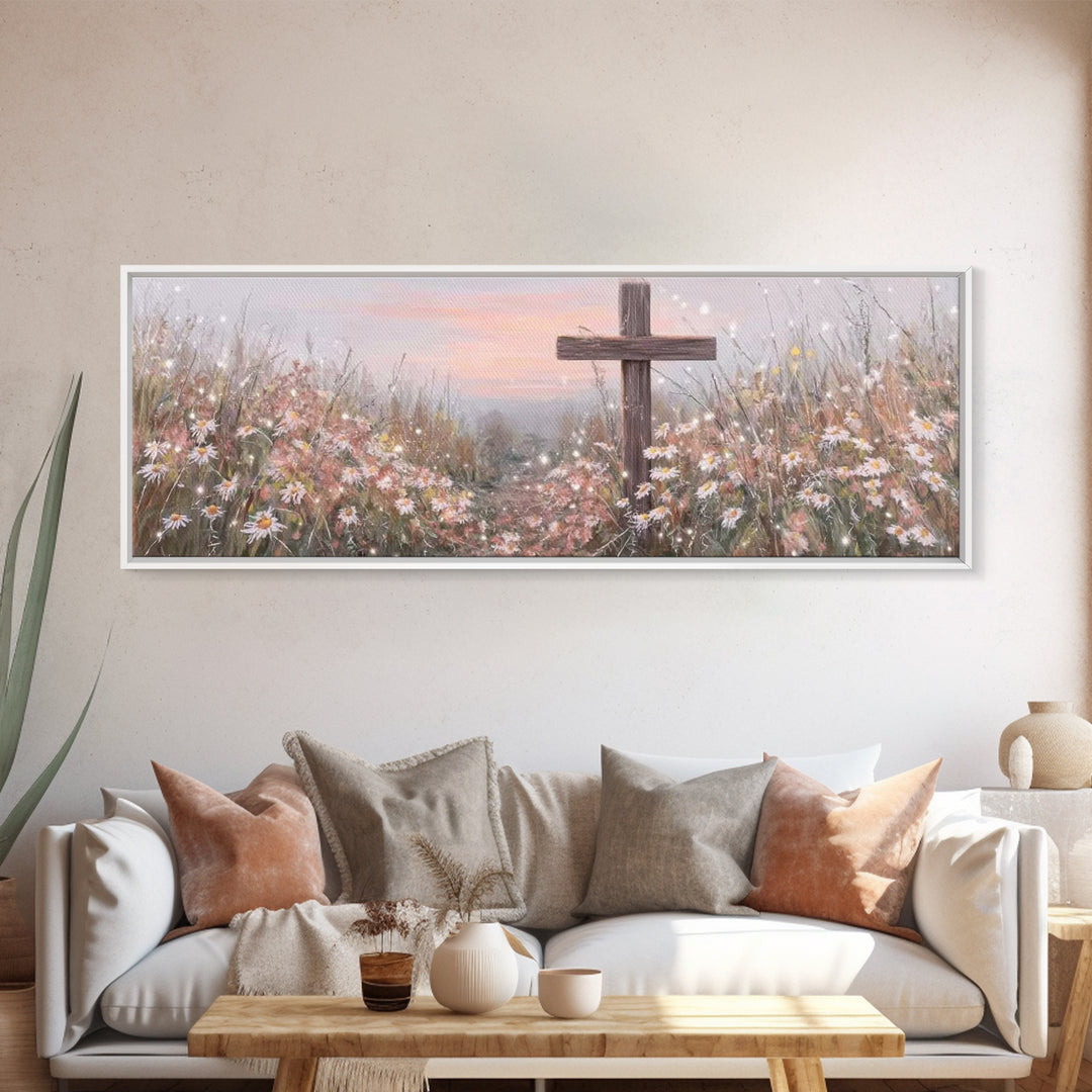 Silent Cross Meadow | Framed Canvas Print | Panoramic Wall Art | Christian Art Canvas | Subtle Christian Art | Christian Decor | Christmas