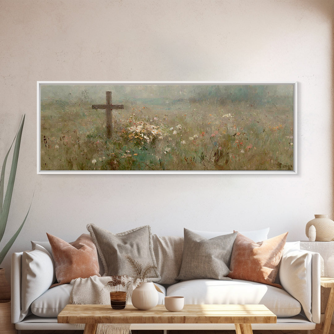 Quiet Garden Cross | Framed Canvas Print | Extra Wide Art | Christian Wall Art | Christian Art Print | Christian Christmas Decor | Modern C