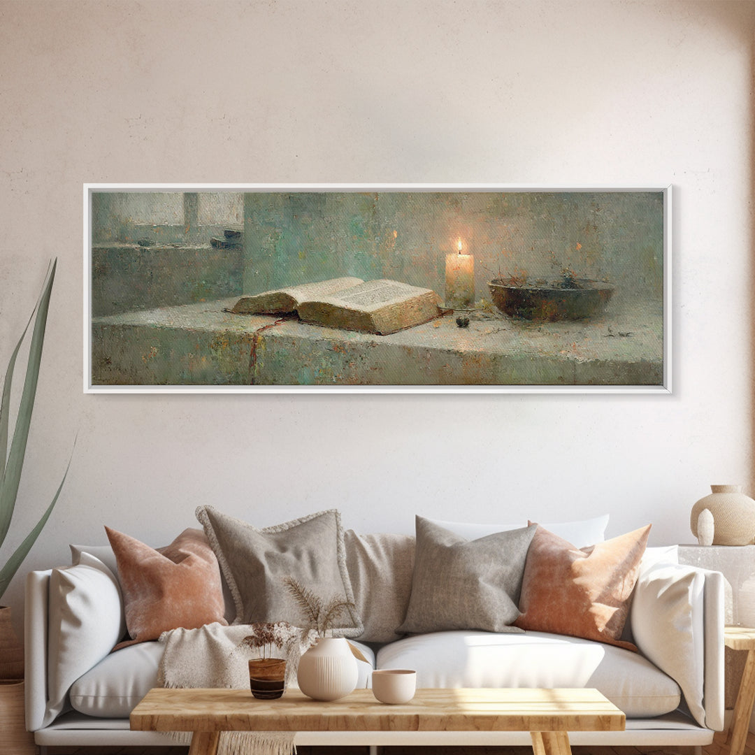 Sacred Study – Framed Canvas Print – Panoramic Painting – Christian Art Canvas – Christian Art Work – Christian Gift – Moody Christian Art