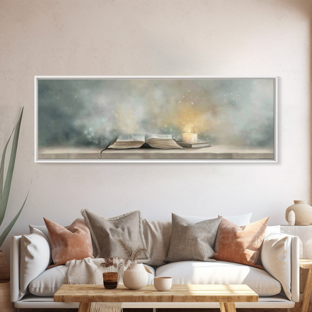 Candlelit Scripture | Framed Canvas Print | Christian Christmas Art | Panoramic Wall Art | Christian Art Canvas | Christian Painting | Chri