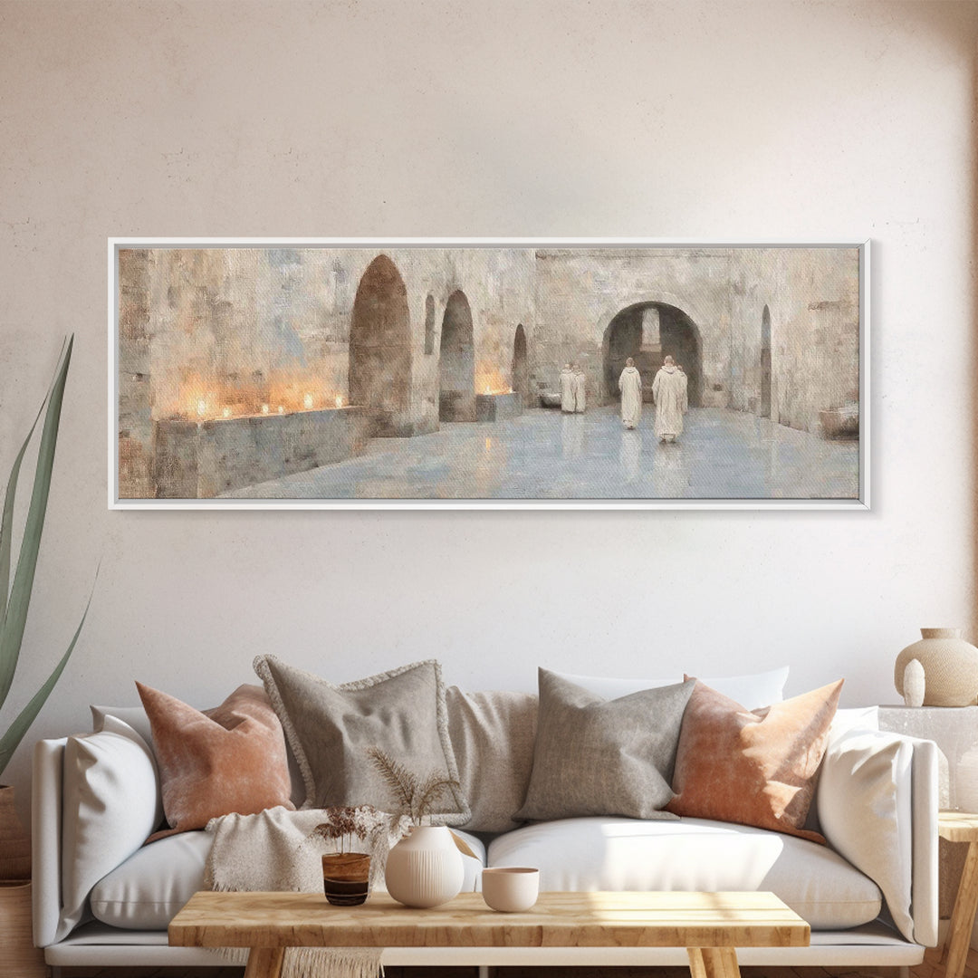 Silent Cloisters, Framed Canvas Print, Christian Wall Art, Panoramic Painting, Christian Art Print, Vintage Christian Art, Christmas Wall A