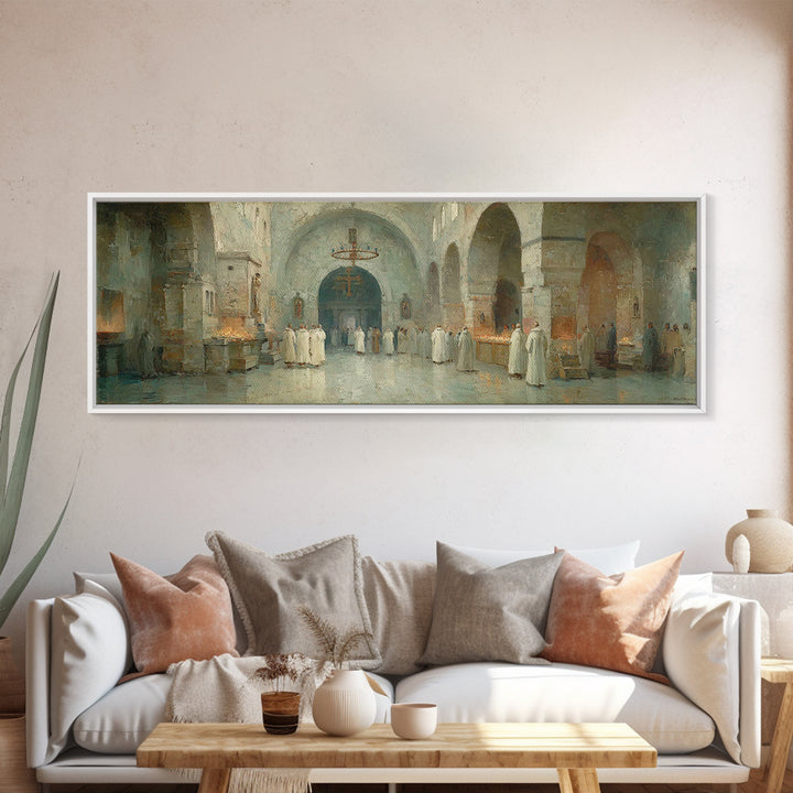 Monastic Gathering – Framed Canvas Print – Christian Art Canvas – Panoramic Frame – Christmas Art – Christian Decorations – Christian Paint