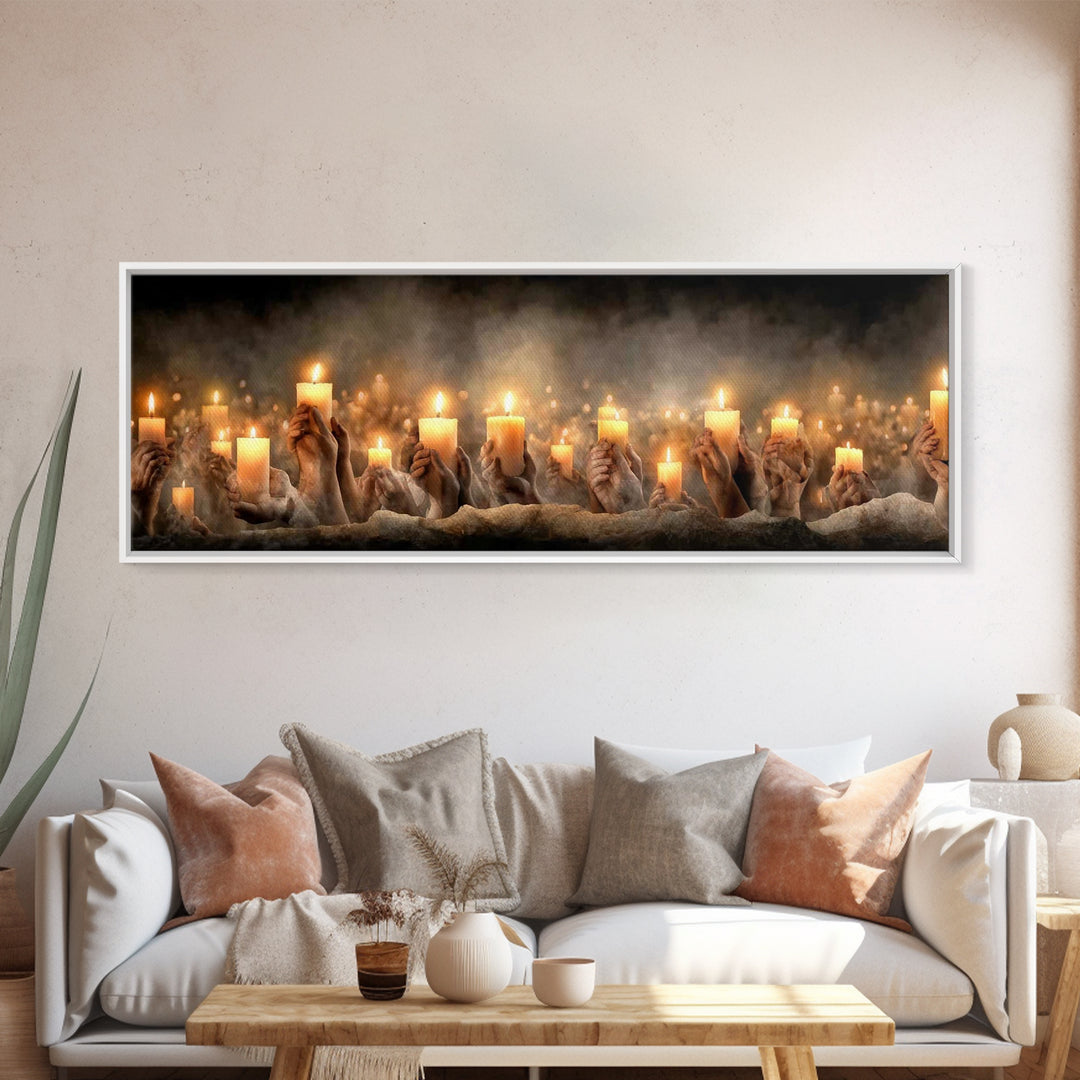 Uplifted Flame Tribute, Framed Canvas Print, Christian Wall Art, Panoramic Art, Christian Christmas Art, Christian Art Canvas, Prayer Art