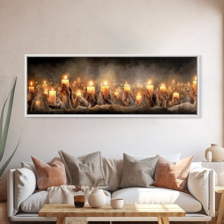 Uplifted Flame Tribute, Framed Canvas Print, Christian Wall Art, Panoramic Art, Christian Christmas Art, Christian Art Canvas, Prayer Art