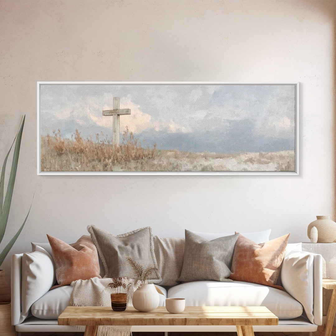 Cross On The Hill – Framed Canvas Print – Christian Art Canvas – Panoramic Painting – Christian Wall Art – Christian Gift – Christian Art