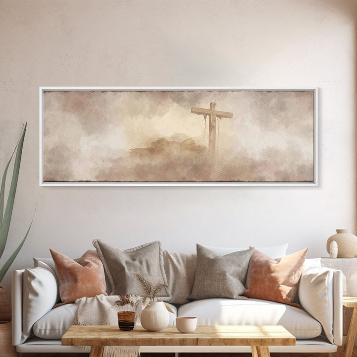 Worn Cross | Framed Canvas Print | Christian Art | Panoramic Painting | Christian Wall Art | Christian Art Canvas | Christian Artwork