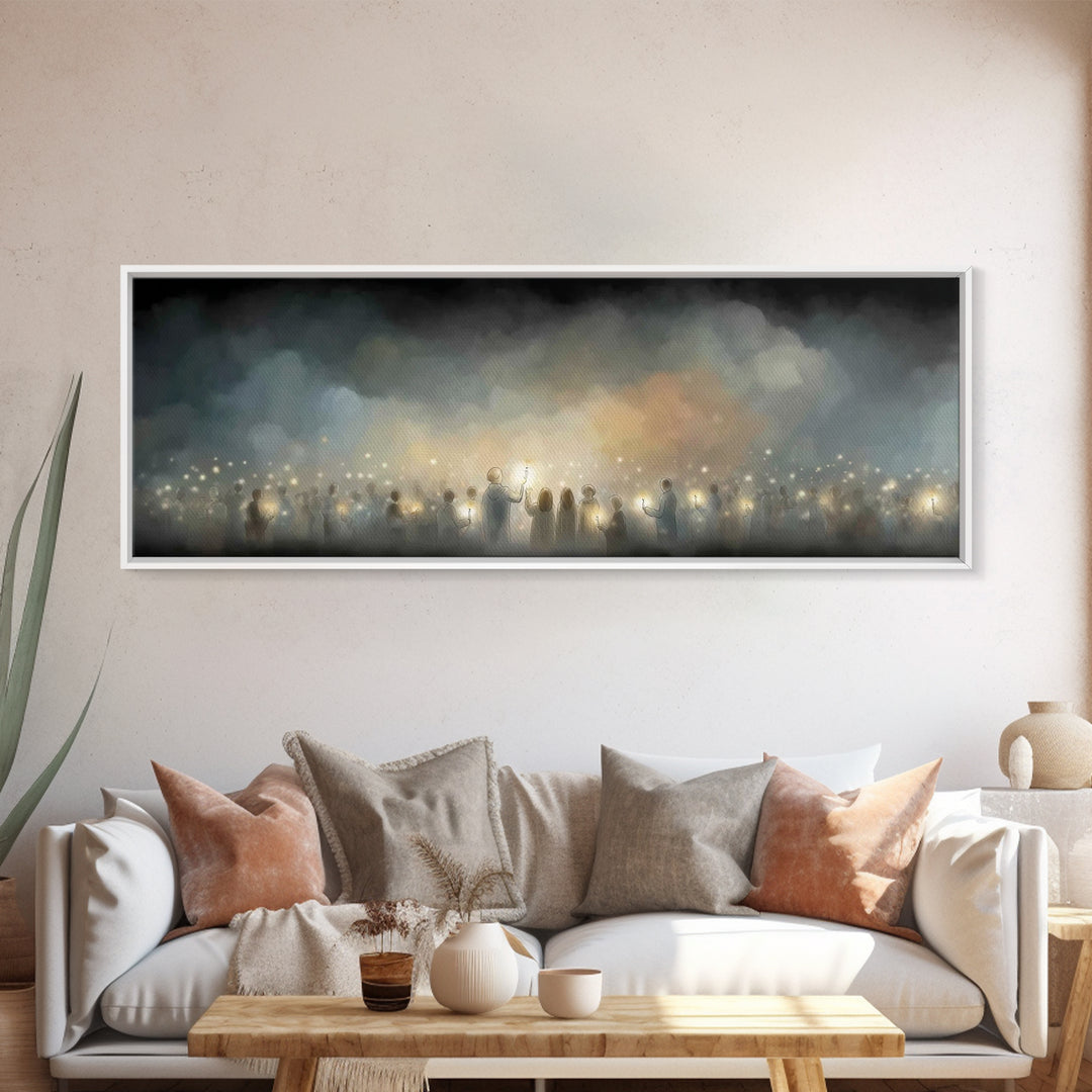 Twilight Candle Crowd | Framed Canvas Print | Christian Wall Art | Panoramic Frame | Christian Art Canvas | Christmas Art | Devotional Art