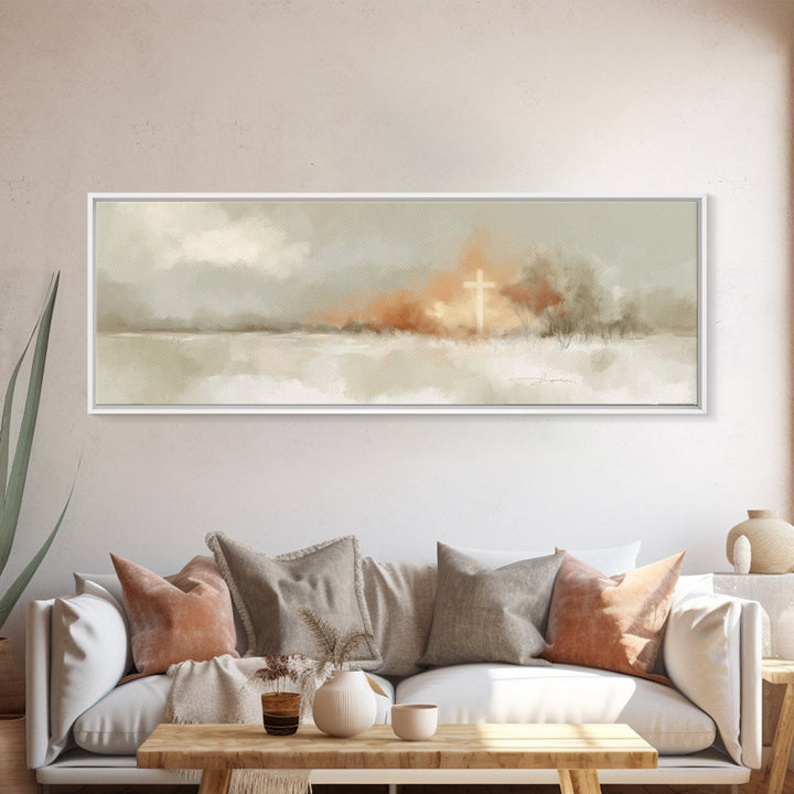 Light On Calvary, Framed Canvas Print, Christian Wall Art, Panoramic Painting, Christian Art Canvas, Christian Painting, Christian Decor