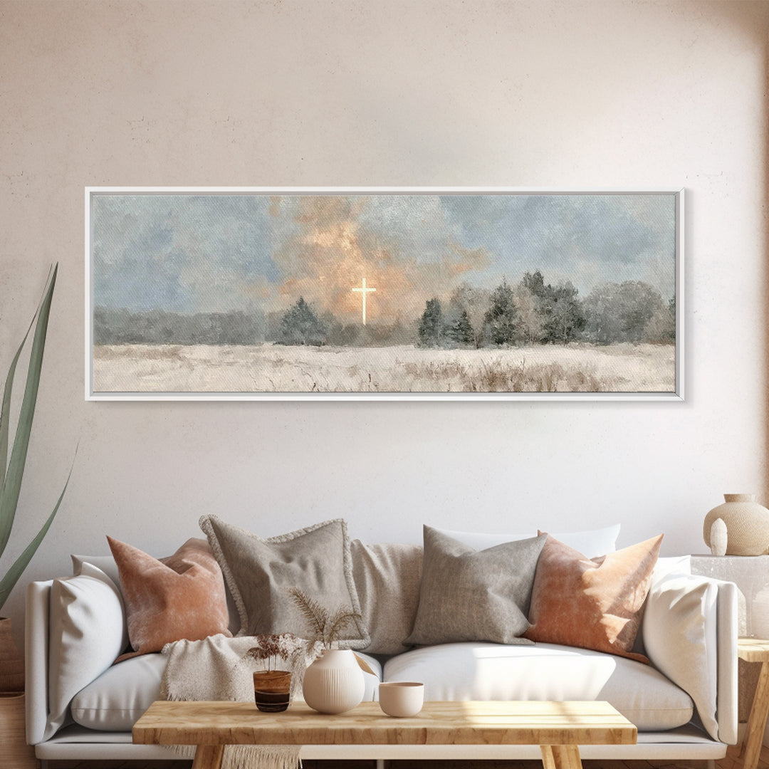 Winter Cross Light, Framed Canvas Print, Panoramic Art, Christian Art Canvas, Christian Wall Art, Christian Painting, Christmas Art