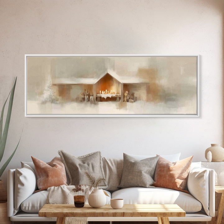 Humble Stable Offering - Framed Canvas Print - Christian Wall Art - Panoramic Painting - Christian Art Canvas - Christmas Art - Sacred Art