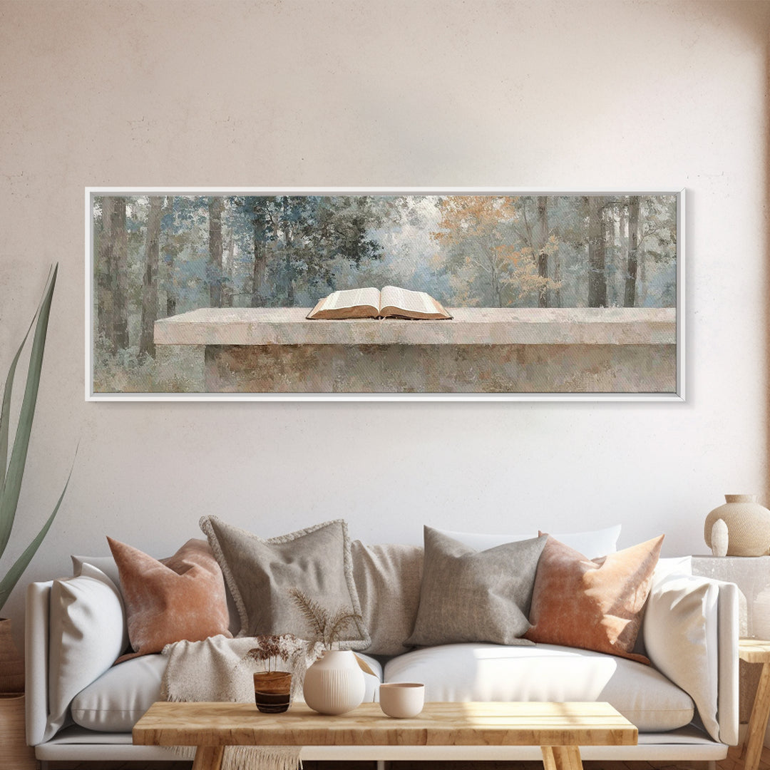 Forest Scripture Calm | Framed Canvas Print | Christian Wall Art | Panoramic Wall Art | Christian Art Canvas | Christian Painting
