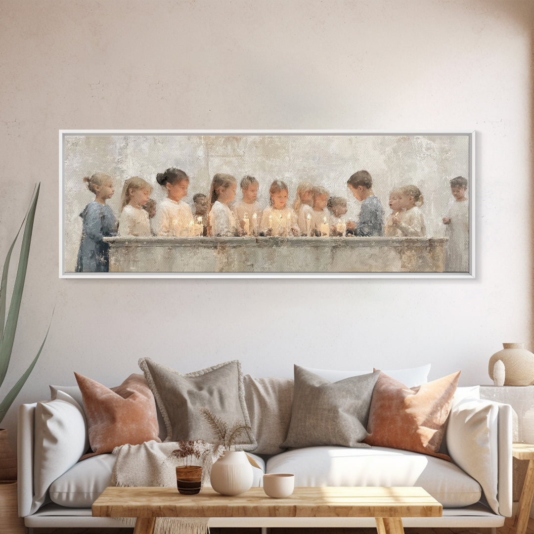Children’s Candle Prayer – Framed Canvas Print – Panoramic Art – Christian Wall Art – Christian Art Canvas – Christian Painting – Christmas