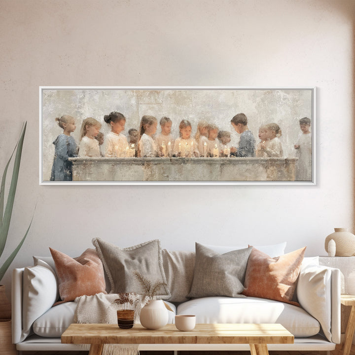 Children’s Candle Prayer – Framed Canvas Print – Panoramic Art – Christian Wall Art – Christian Art Canvas – Christian Painting – Christmas