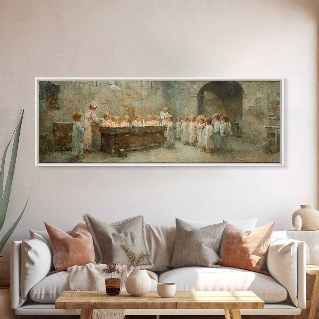 Angel Hall Gathering, Framed Canvas Print, Panoramic Art, Christian Wall Art, Christian Art Canvas, Christian Painting, vintage Christian a