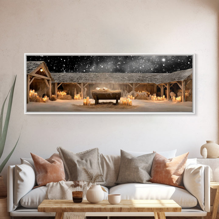 Holy Night Cradle, Framed Canvas Print, Panoramic Painting, Christian Wall Art, Jesus Christmas Art, Christian Art Canvas, Christmas Art